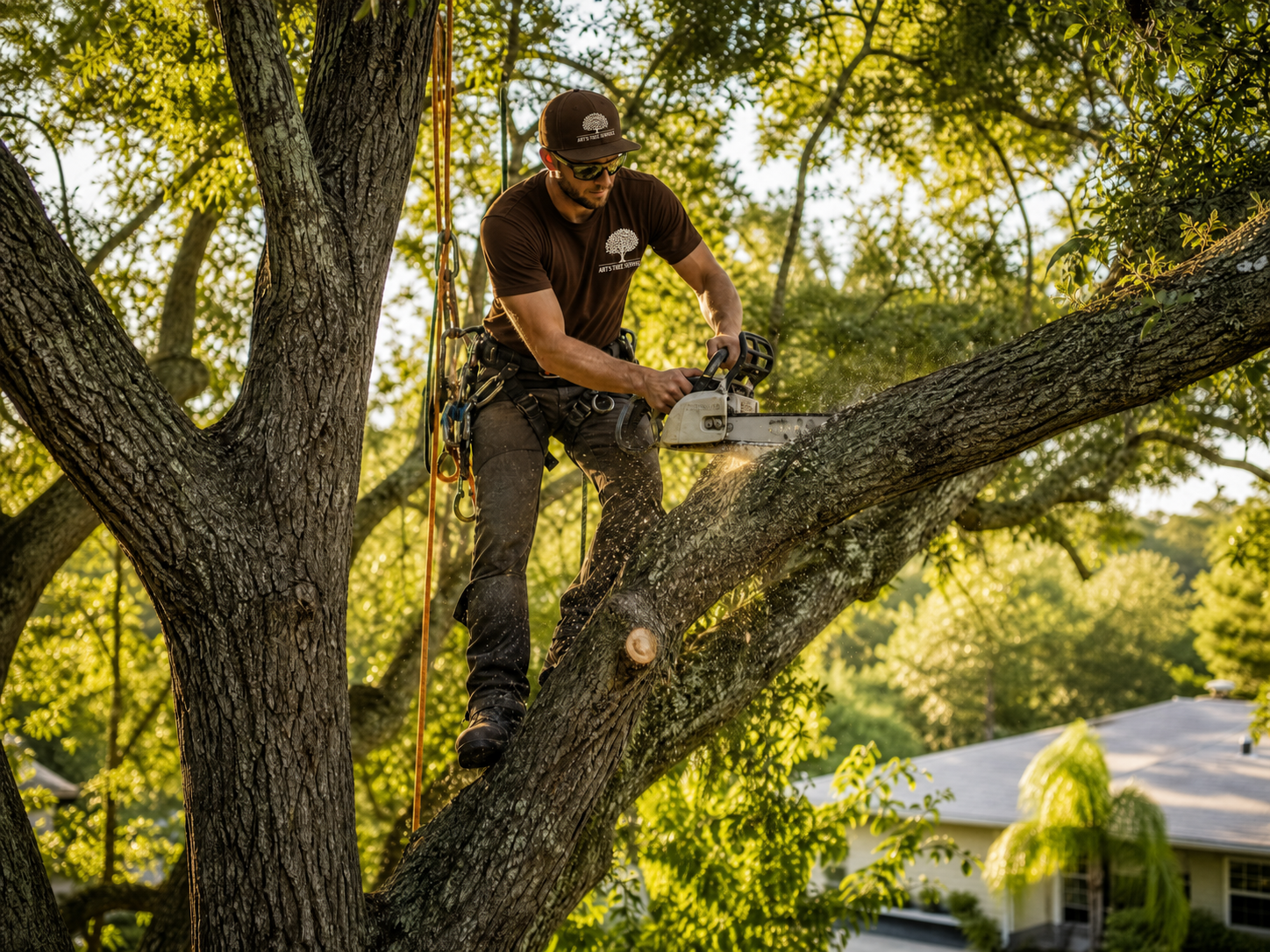 Art's Tree Service arborist climbing and trimming a large oak tree in Sarasota