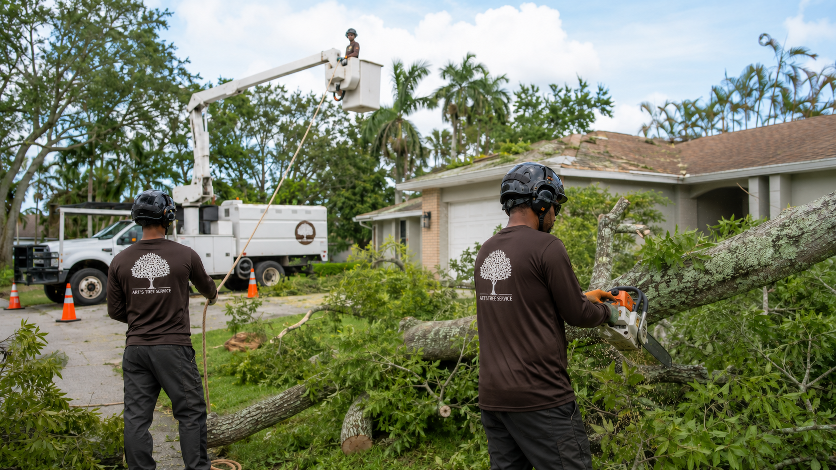 Storm-damaged tree with broken branches in Sarasota Florida