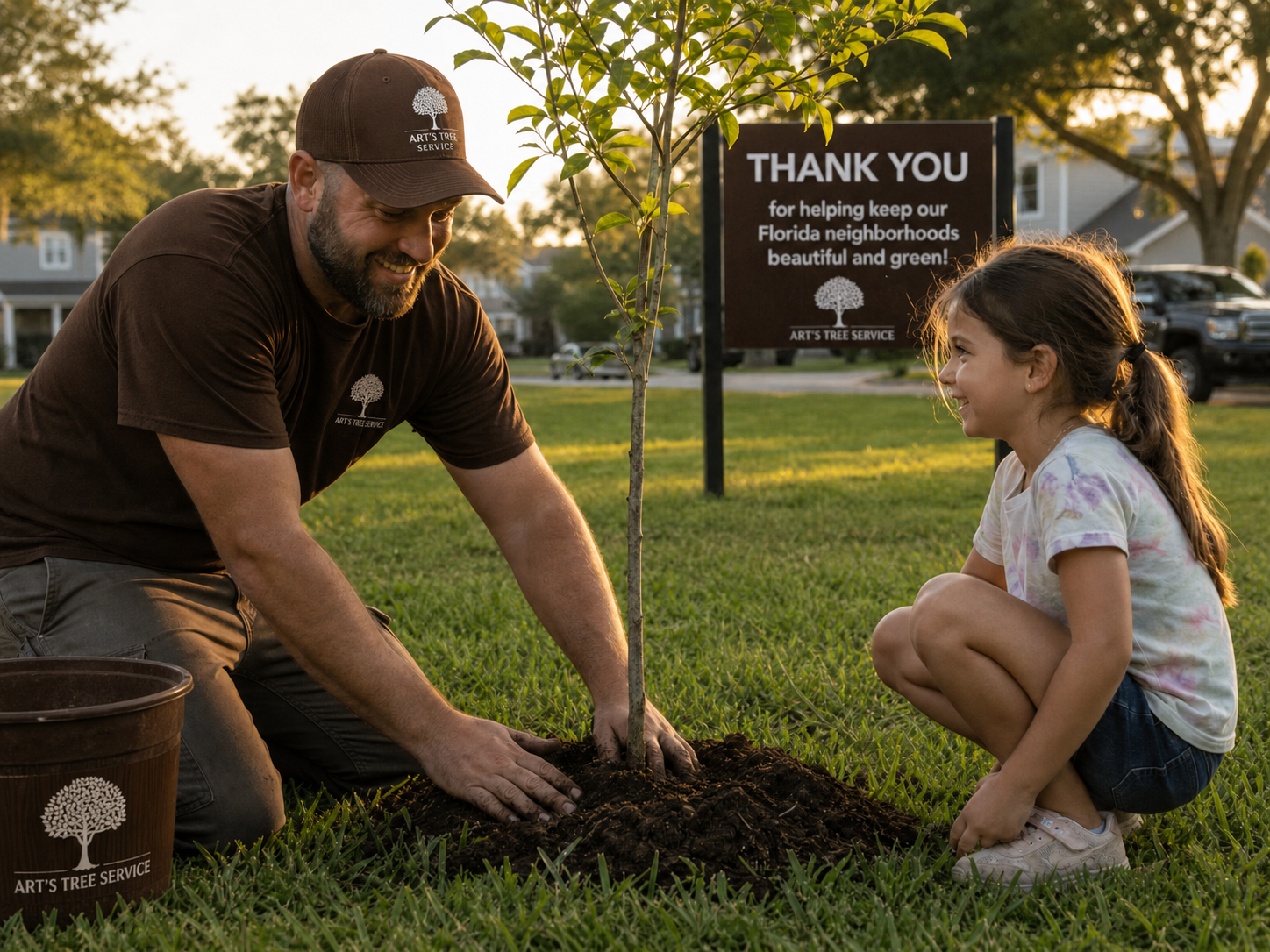 Art's Tree Service crew member planting a native Florida tree in a community park